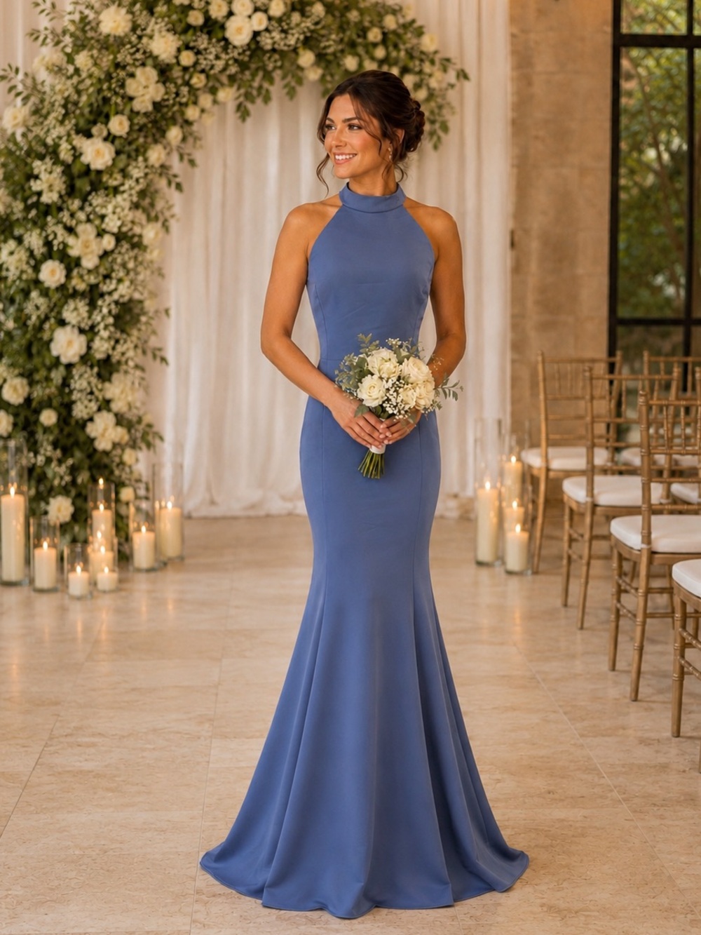 AMSALE Women's AUSTIN Halter Maxi Gown in Dusty Blue Maxi Dress 16 NEW